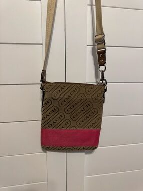 Coach Brown Canvas Crossbody with Pink Leather Accent